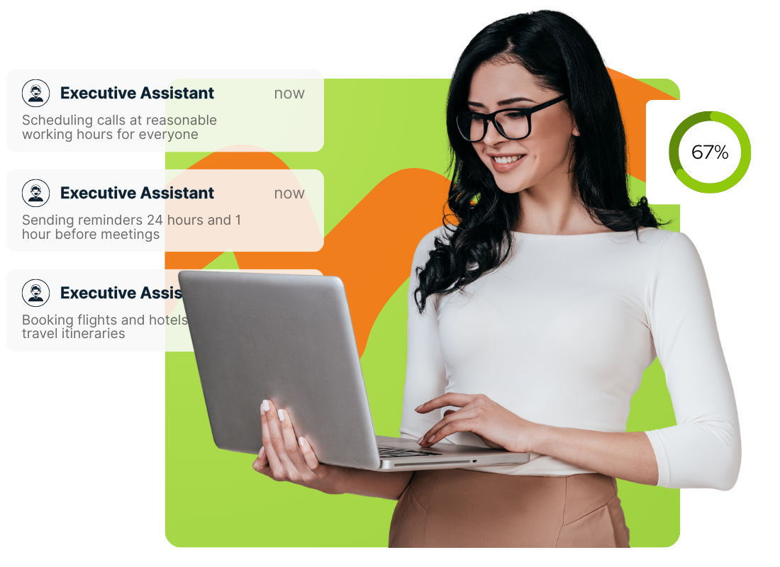 Woman virtual assistant working on a laptop with task notifications and pop-up messages around her.